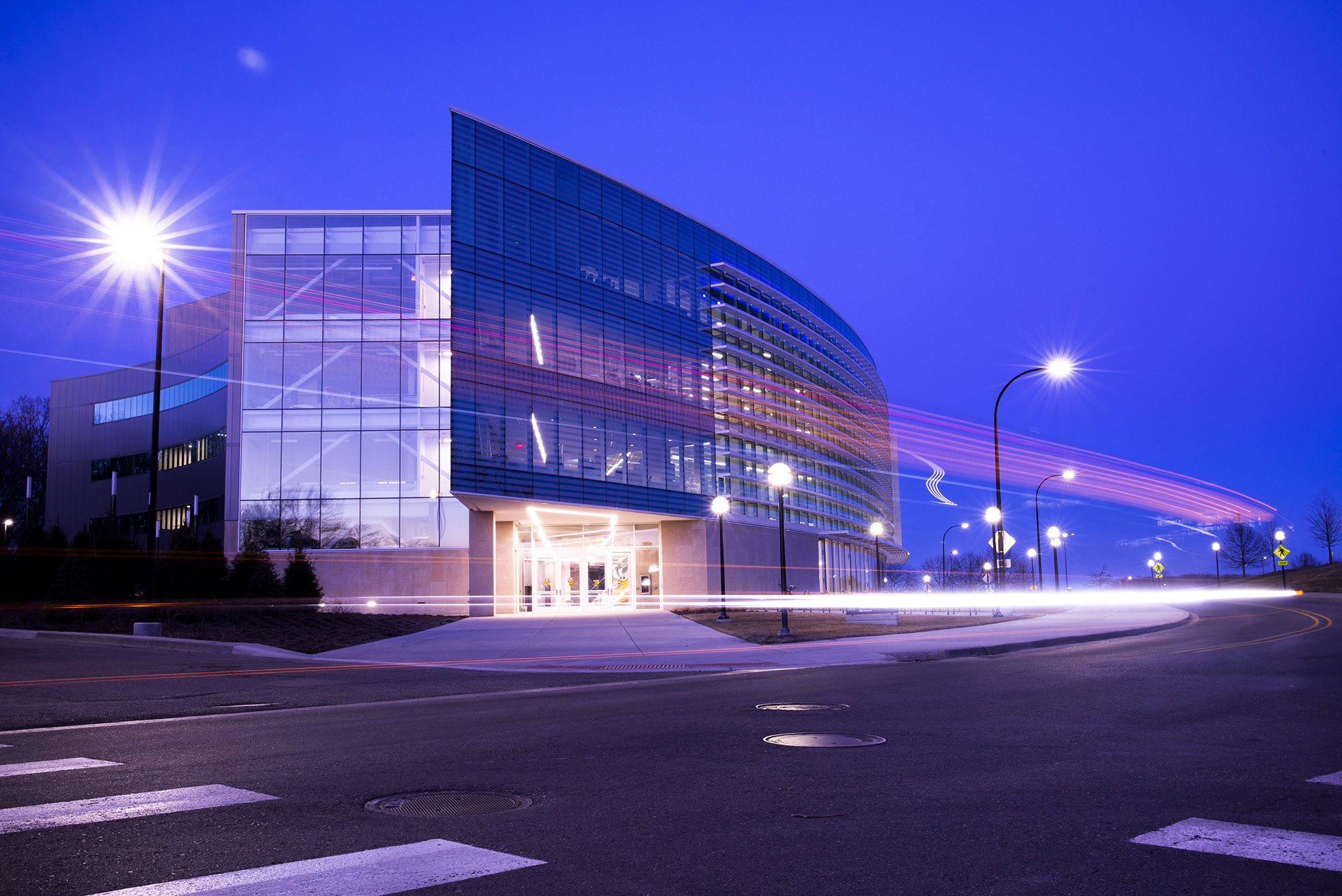 Photo of the Ford Robotics Building, on the University of Michigan’s North Campus, in the evening.