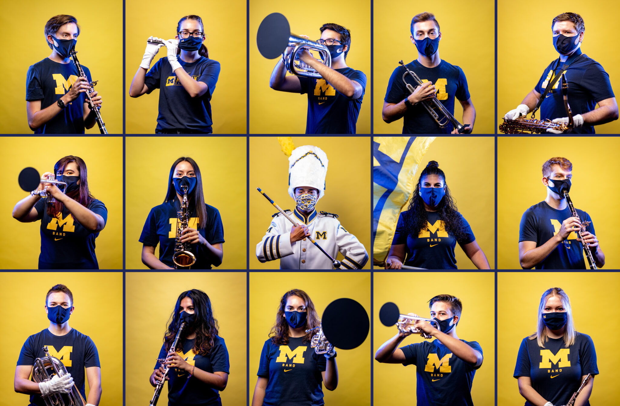 Head shots of 15 Michigan Marching Band students