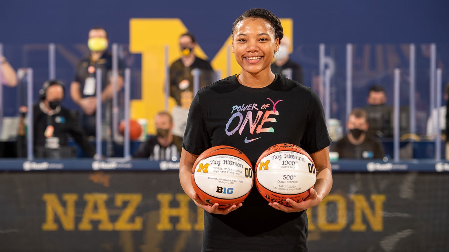 Photo of Naz Hillman holding two basketballs